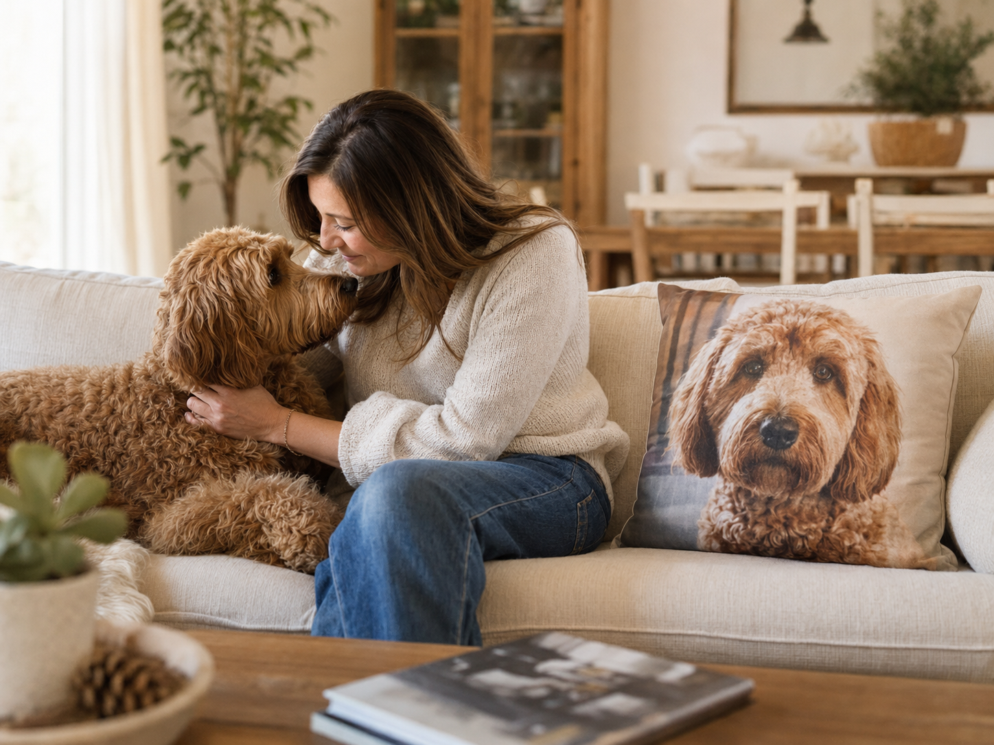 Pet owner sharing a quiet moment with her dog beside a personalized pet portrait throw pillow
