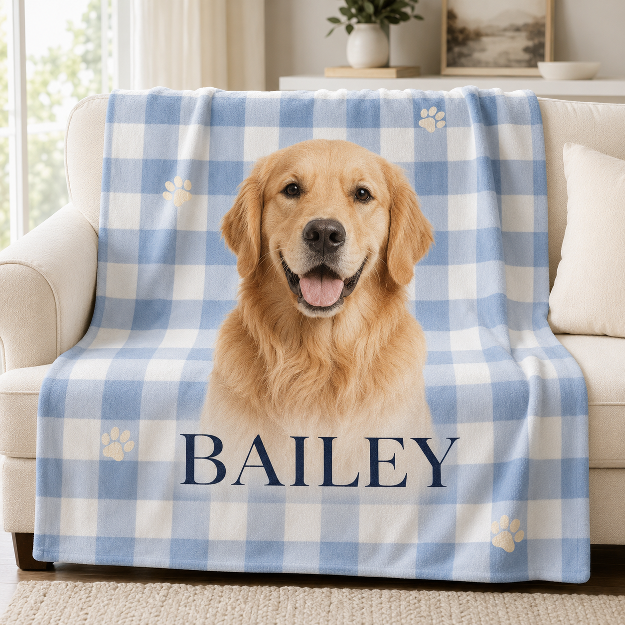 Blue gingham flannel blanket personalized with a golden retriever portrait