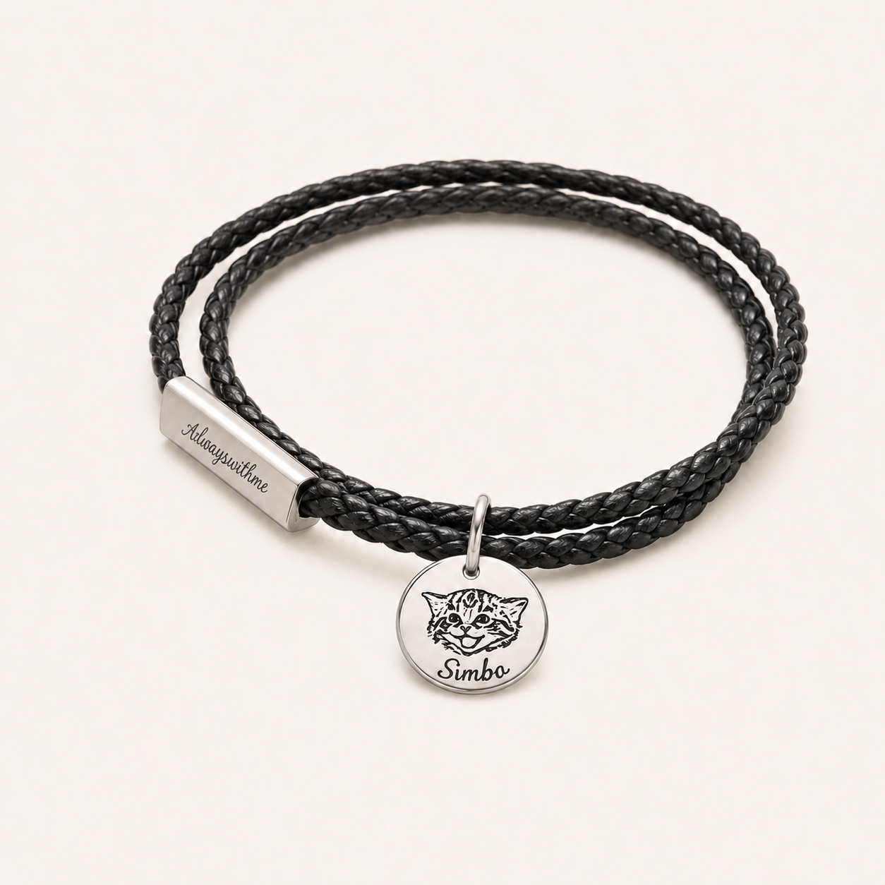 Black leather bracelet with an engraved pet portrait charm