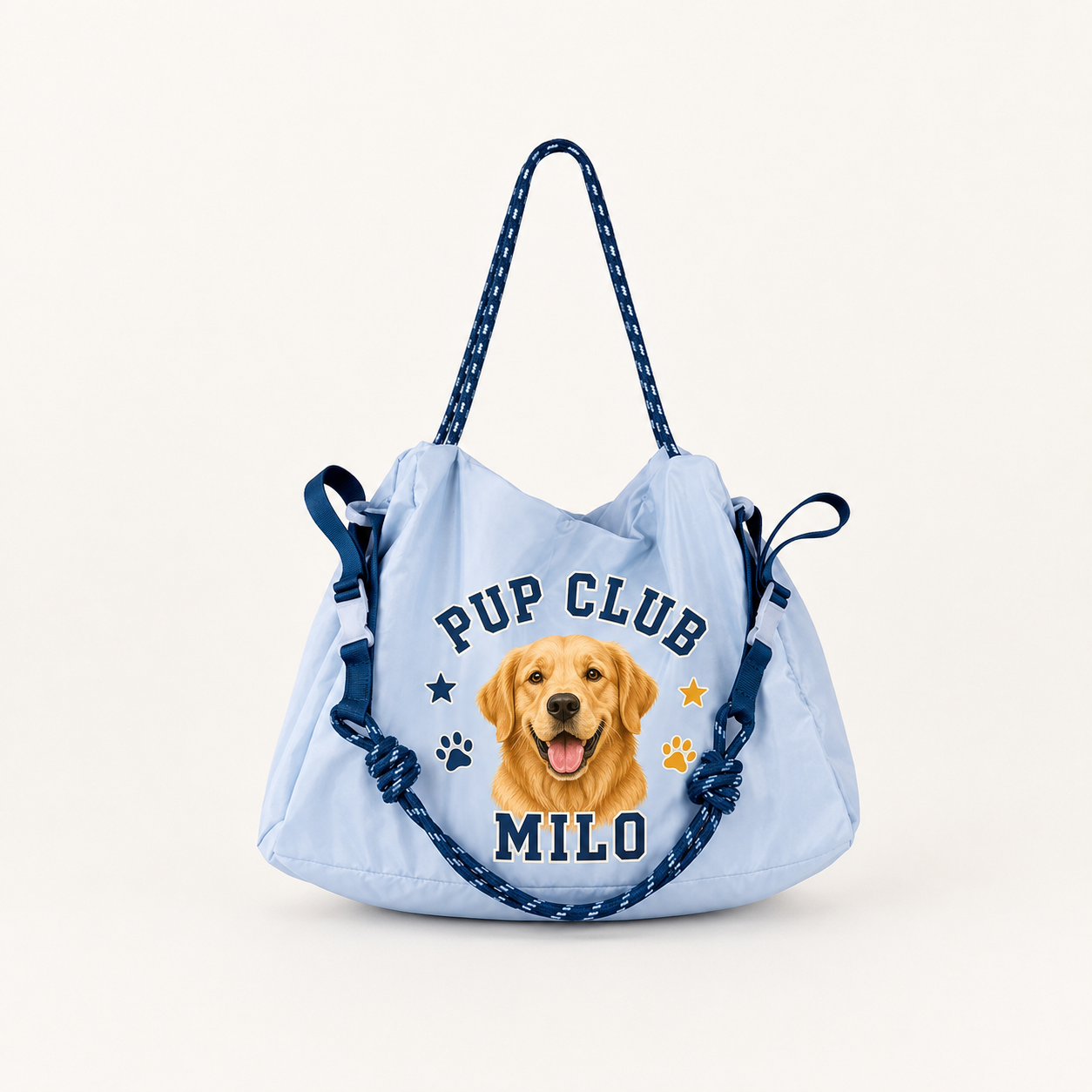 Light blue nylon gym and weekend travel bag personalized with a golden retriever portrait