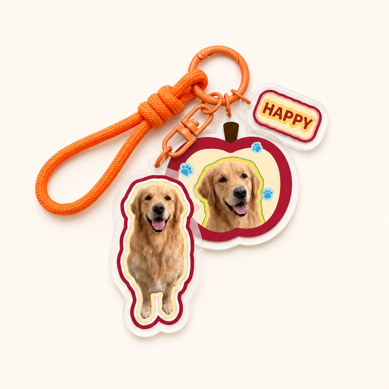 Custom acrylic pet photo keychain with multiple coordinating charms