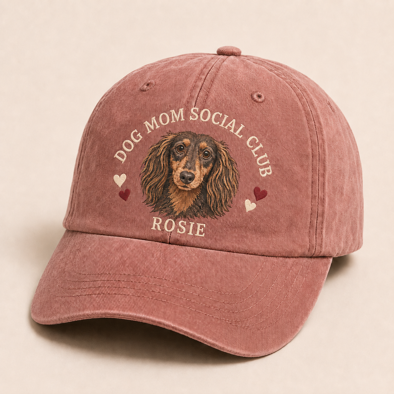 Vintage rose washed baseball cap personalized with a dachshund portrait and the name Rosie