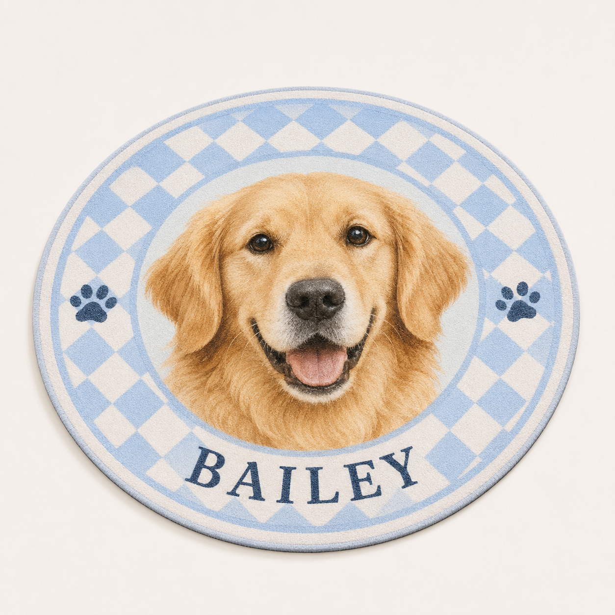 Round blue gingham personalized pet portrait rug