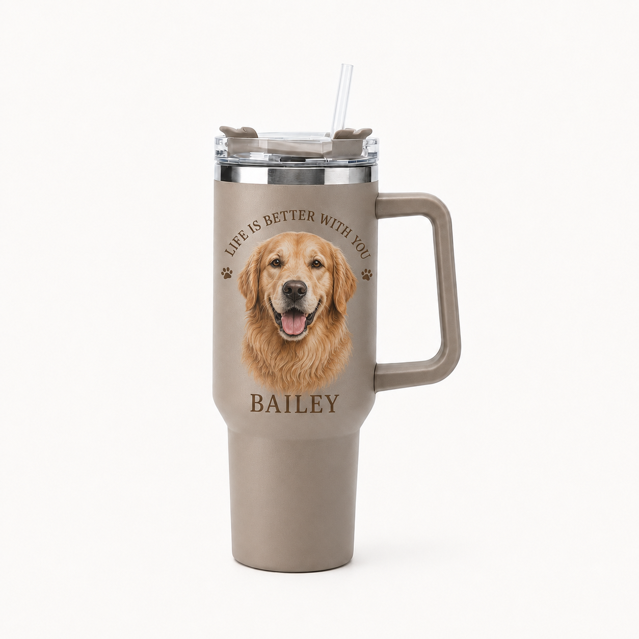 Warm taupe 40 ounce handled tumbler personalized with a pet portrait