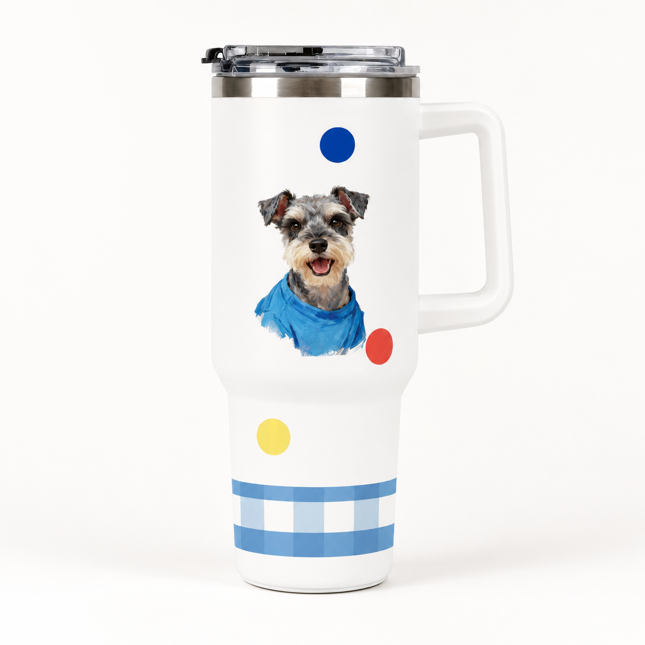 Blue gingham handled tumbler personalized with a pet photo