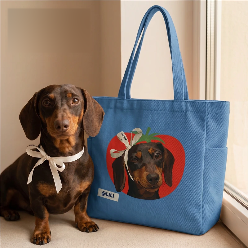 Blue large-capacity shoulder tote with a side pocket and custom pet portrait print